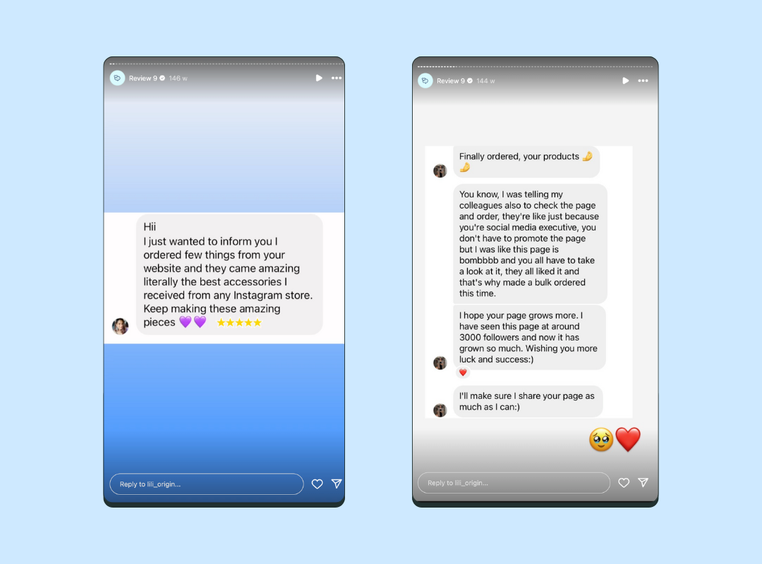 Screenshots of Lili Origin's Instagram Stories showing UCG messages from happy customers